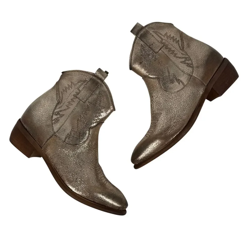 Sesto Meucci Texric‎ Western Ankle Bootie Womens 9 Italian Leather Metallic Gold
